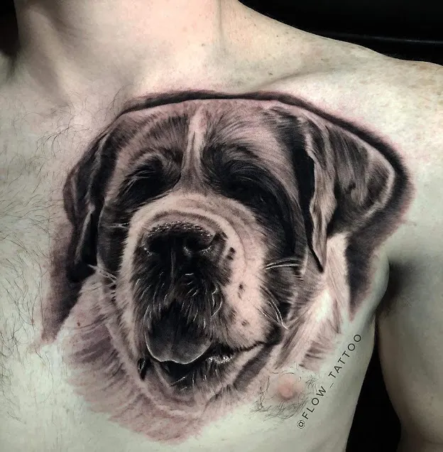 Portrait réaliste d’un chien sur le pectoral, par Flow.