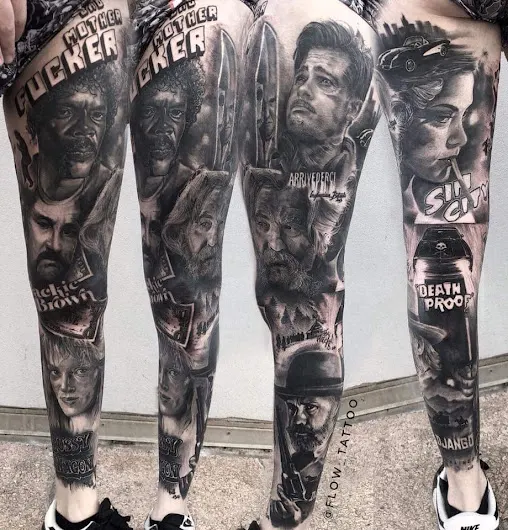 Plusieurs vues d’une jambe tatouée de portraits et de scènes de cinéma, par Flow.